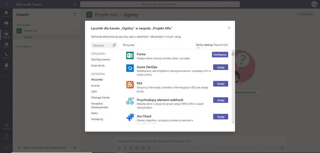 dodawanie łącznika do kanału w teams 