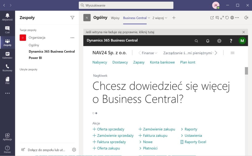 integracja Dynamics 365 Business Central z Microsoft Teams