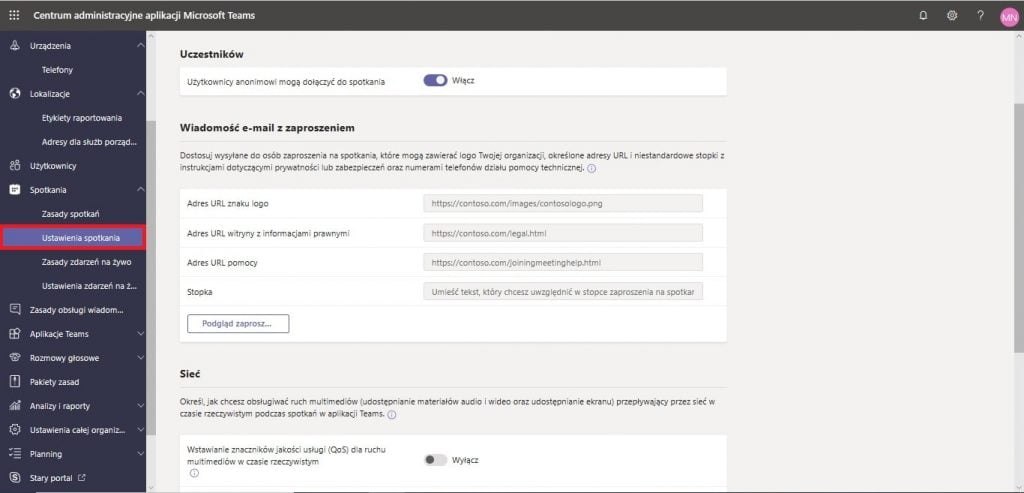 Ustawienia spotkania w centrum administracyjnym Microsoft Teams