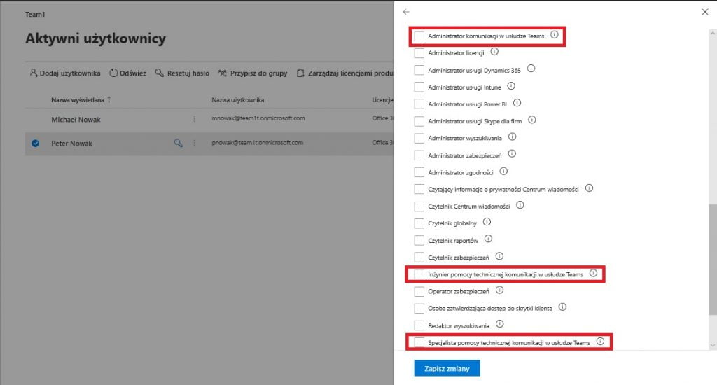 Role użytkowników uprawnienia do centrum administracyjnego Microsoft Teams