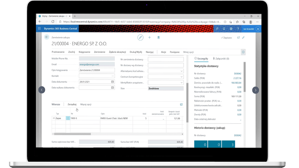 zamówienie zakupu dynamics 365 business central