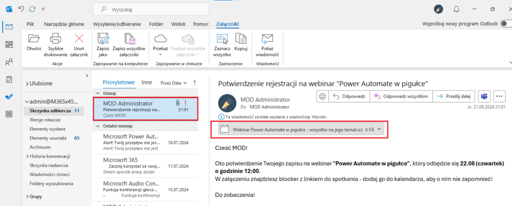 powiadomienie o evencie power automate