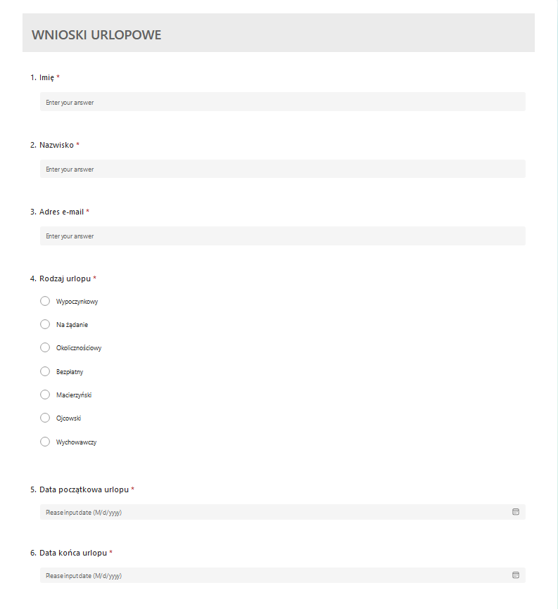 wnioski urlopowe w Microsoft Forms