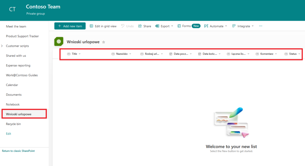 lista sharepoint wnioski urlopowe
