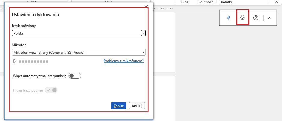 dyktowanie tekstu w word