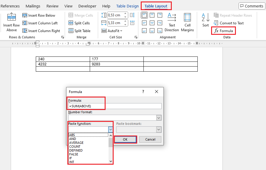 adding formulas to word