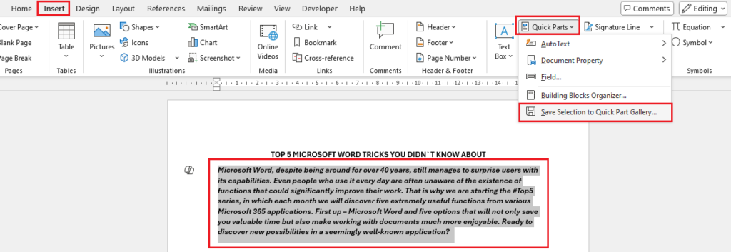 quick parts in micosoft word