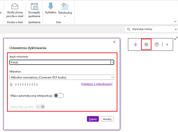 zmiana języka onenote