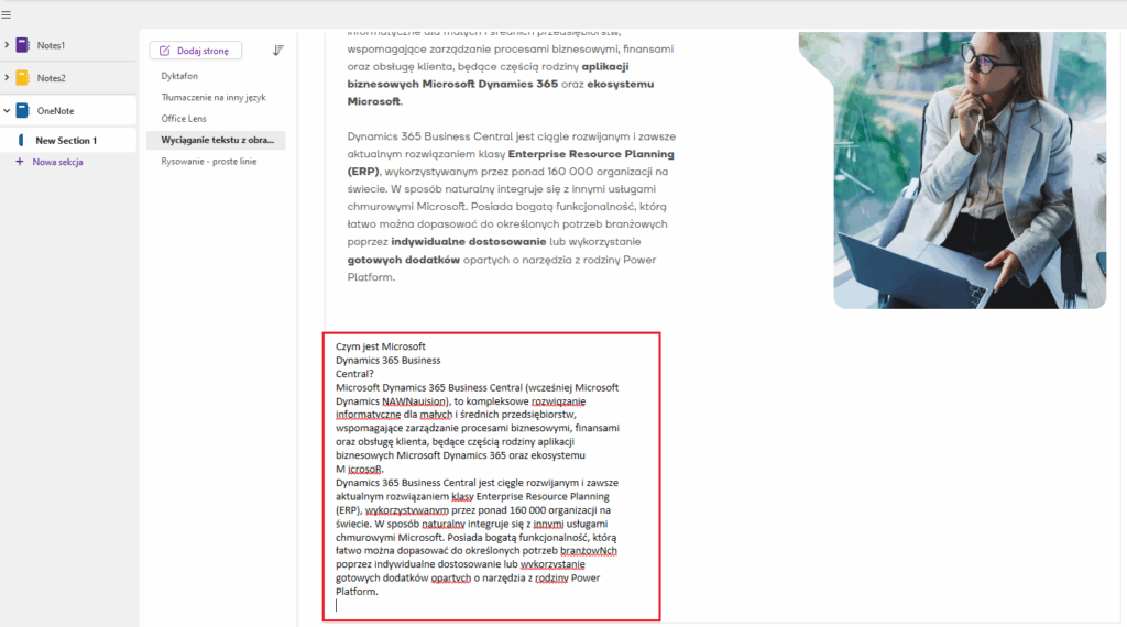 jak wyciągnąć teskt z obrazka w onenote