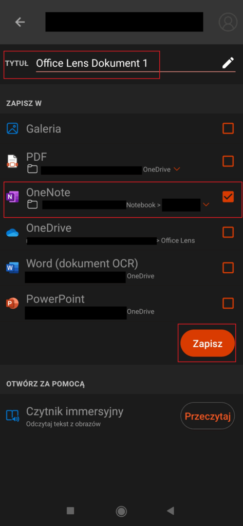zapisywanie dokumentów office lens w onenote