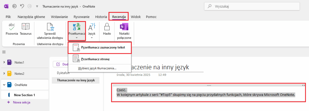 tłumaczenia w onenote