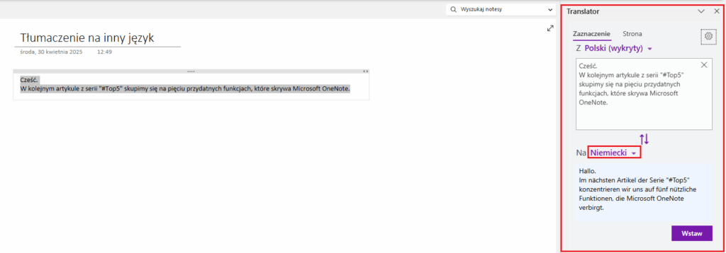 zmiana języka w onenote