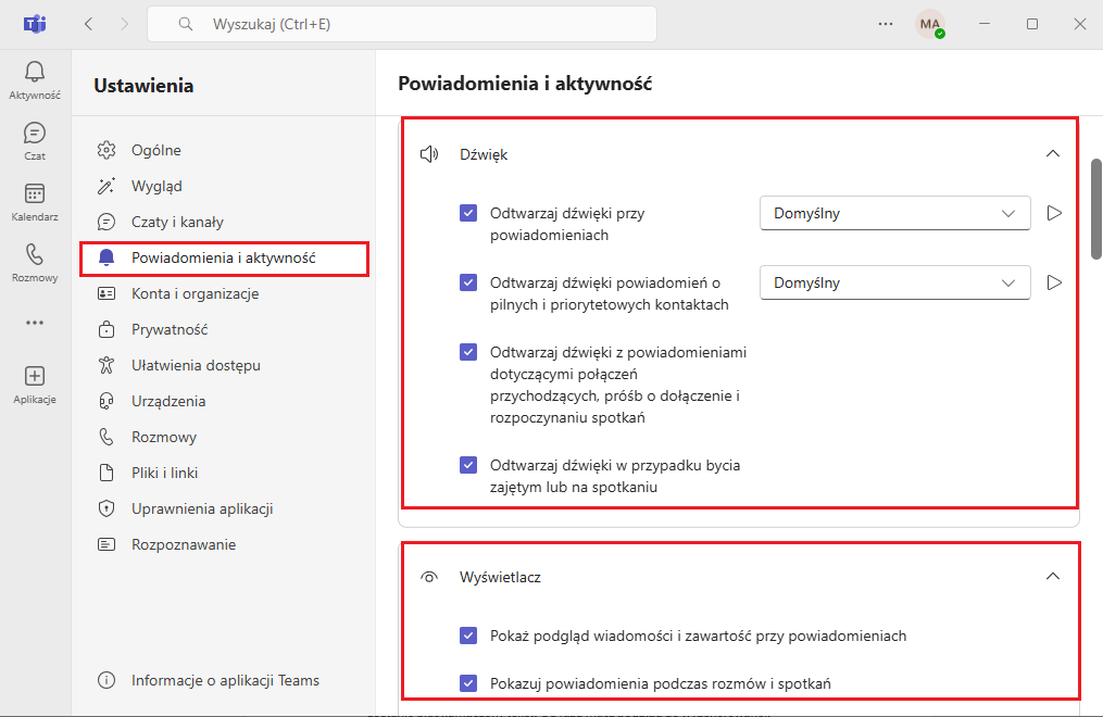 ustawienia powiadomień w teams