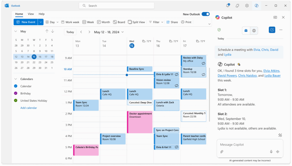 copilot w outlook proponowane terminy spotkań
