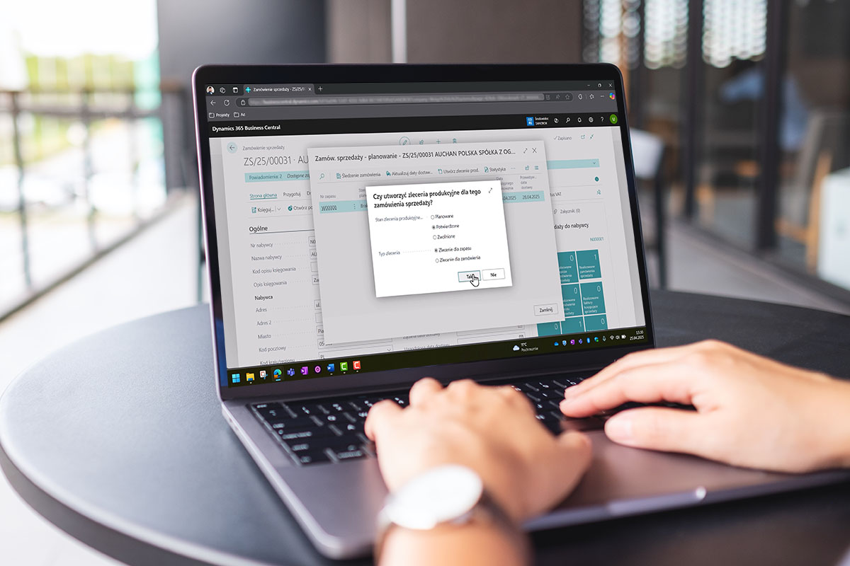 Dynamics 365 Business Central - widok tworzenia Zlecenia produkcyjnego