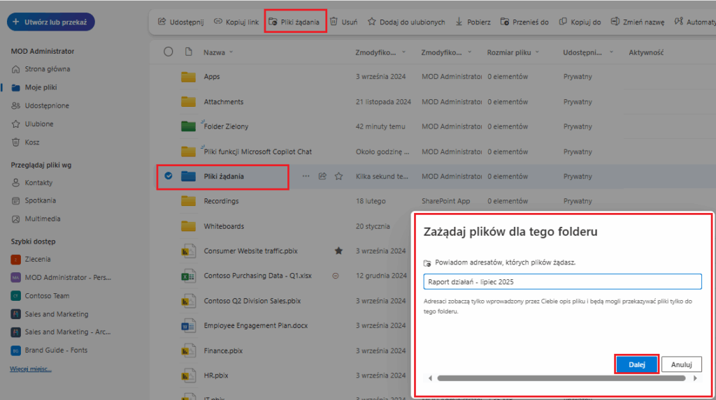żądanie plików onedrive
