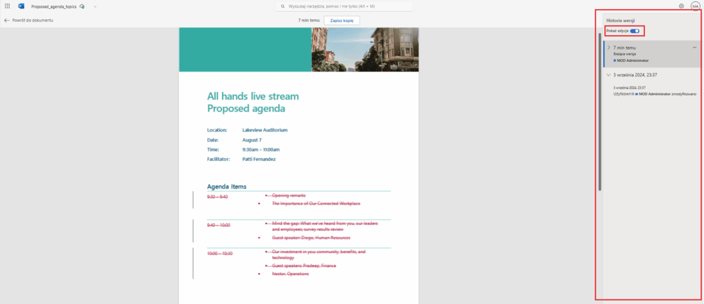 historia edycji w onedrive