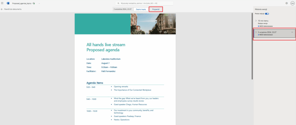 przywracanie wersji pliku w onedrive