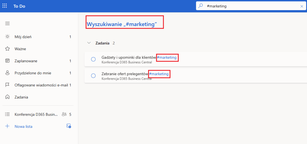 tagowanie zadań Microsoft to do