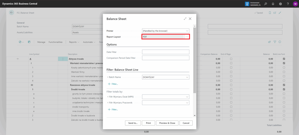 Bilans oraz Rachunek zysków i strat w business central