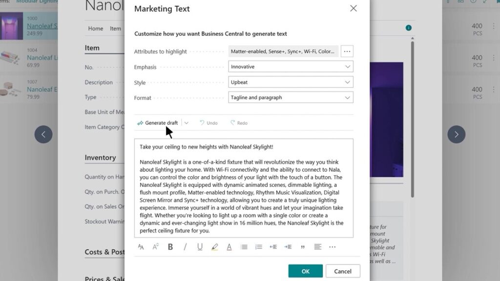 opisy produktów ai business central